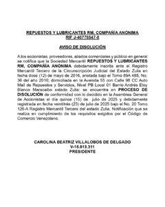 Aviso de Disolución Repuestos y Lubricantes RM C.A