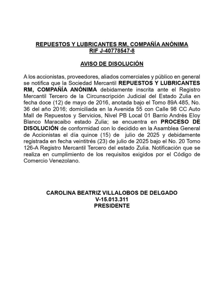 Aviso de Disolución Repuestos y Lubricantes RM C.A