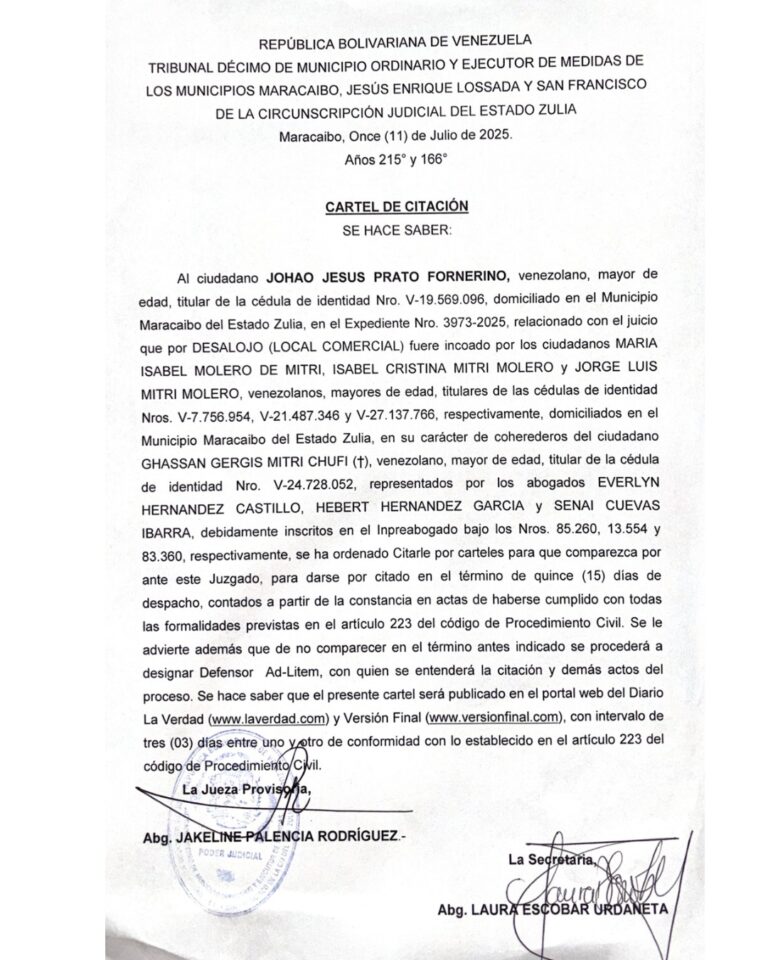 Cartel de Citación Expediente Nro 3973-2025
