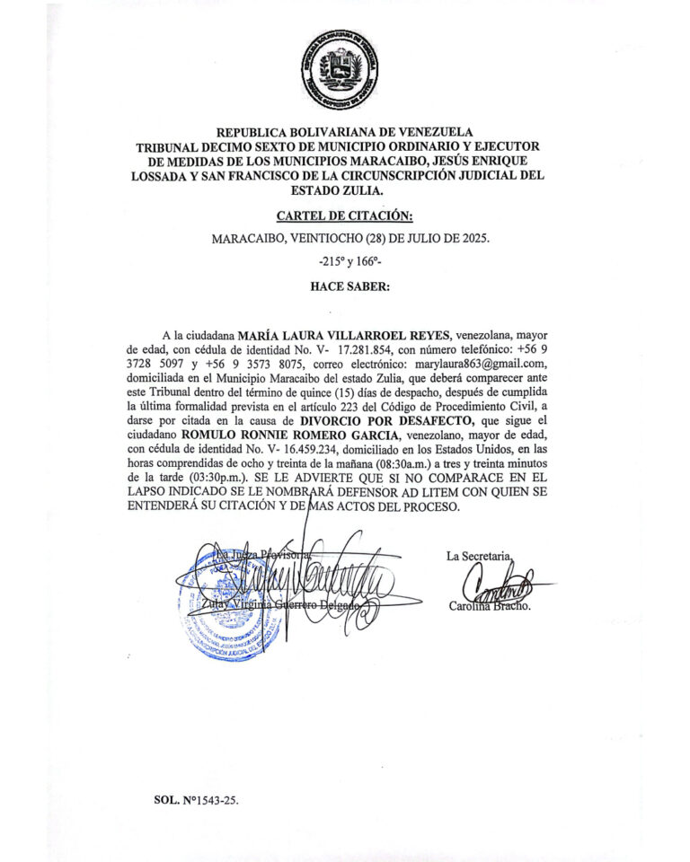 Cartel de Citación Solicitud Nro 543-25