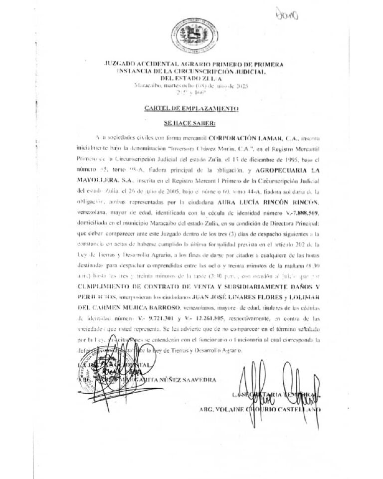 Cartel de Emplazamiento Cumplimiento de Contrato de Venta