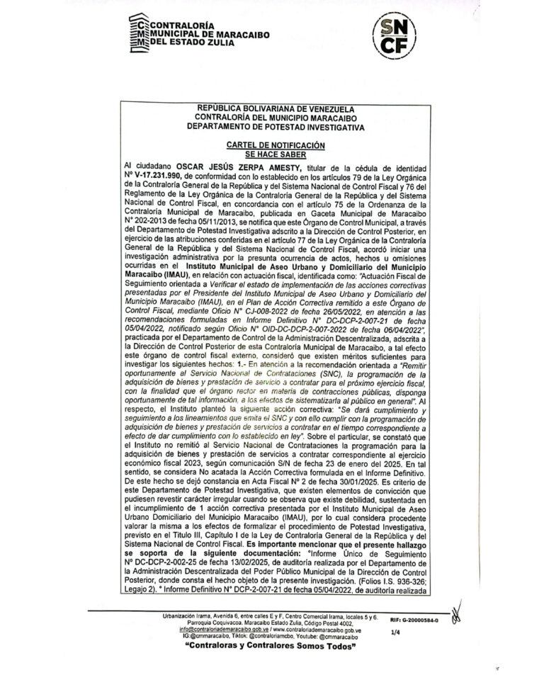 Cartel de Notificación Contraloría Municipal de Maracaibo del Estado Zulia Expediente DPI-005-2025