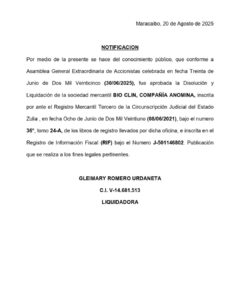 Cartel de Notificación Disolución Aprobada BIO CLIN C.A