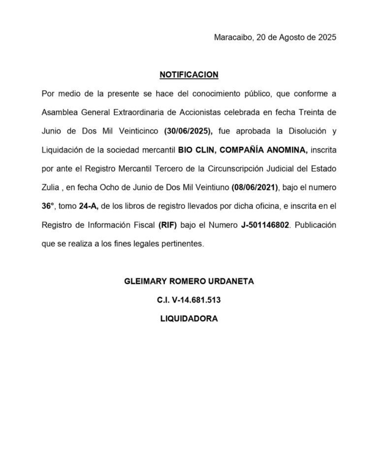 Cartel de Notificación Disolución Aprobada BIO CLIN C.A