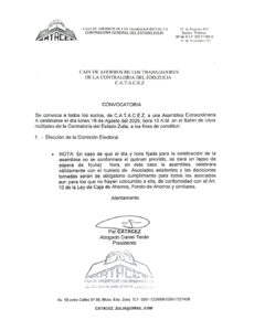 Convocatoria Asamblea Extraordinaria Caja de Ahorros de los Trabajadores de la Contraloría del Estado Zulia