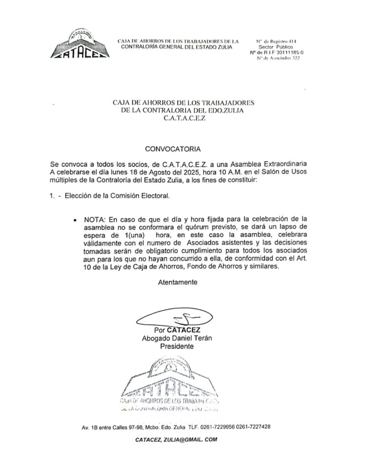 Convocatoria Asamblea Extraordinaria Caja de Ahorros de los Trabajadores de la Contraloría del Estado Zulia