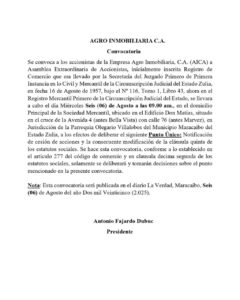 Convocatoria Asamblea Extraordinaria de Accionistas Agroinmobiliaria C.A