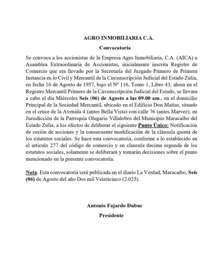 Convocatoria Asamblea Extraordinaria de Accionistas Agroinmobiliaria C.A