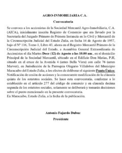 Convocatoria Asamblea Extraordinaria de Accionistas Agro-Inmobiliaria C.A