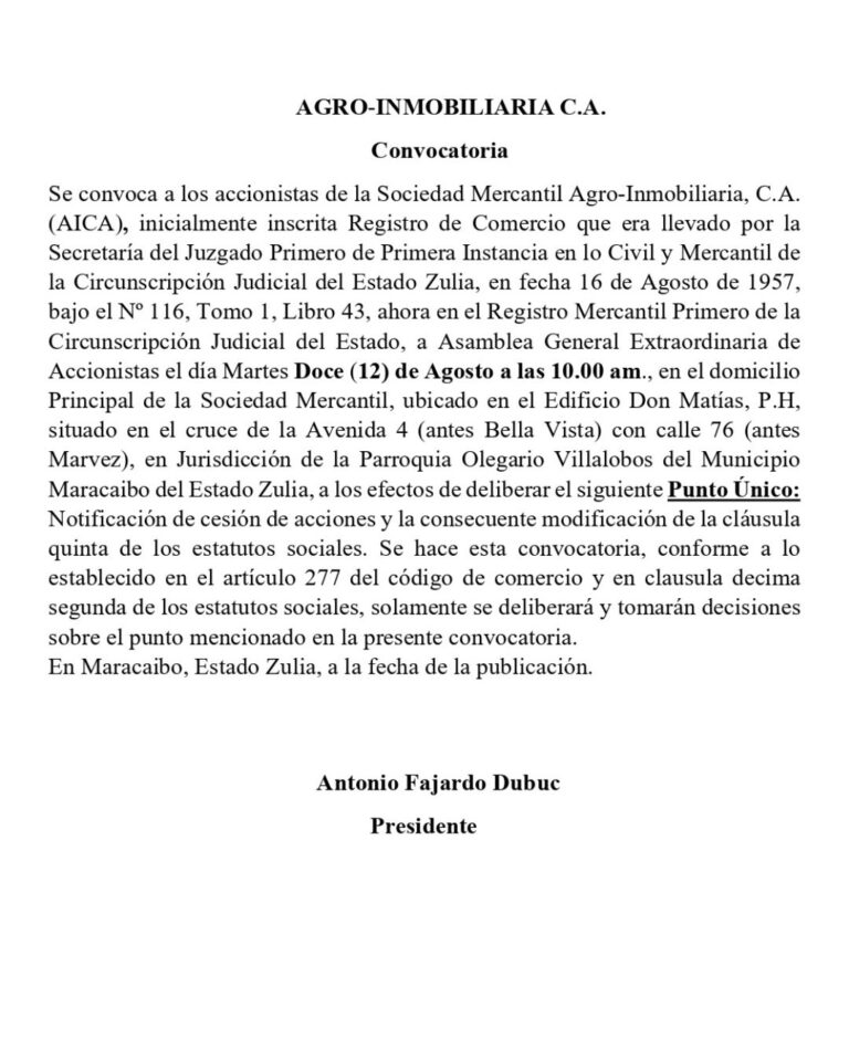 Convocatoria Asamblea Extraordinaria de Accionistas Agro-Inmobiliaria C.A