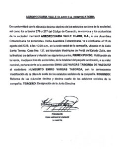 Convocatoria Asamblea Extraordinaria de Accionistas Agropecuaria Valle Claro C.A