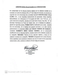Segunda Convocatoria Asamblea Extraordinaria de Accionistas Agropecuaria Valle Claro C.A