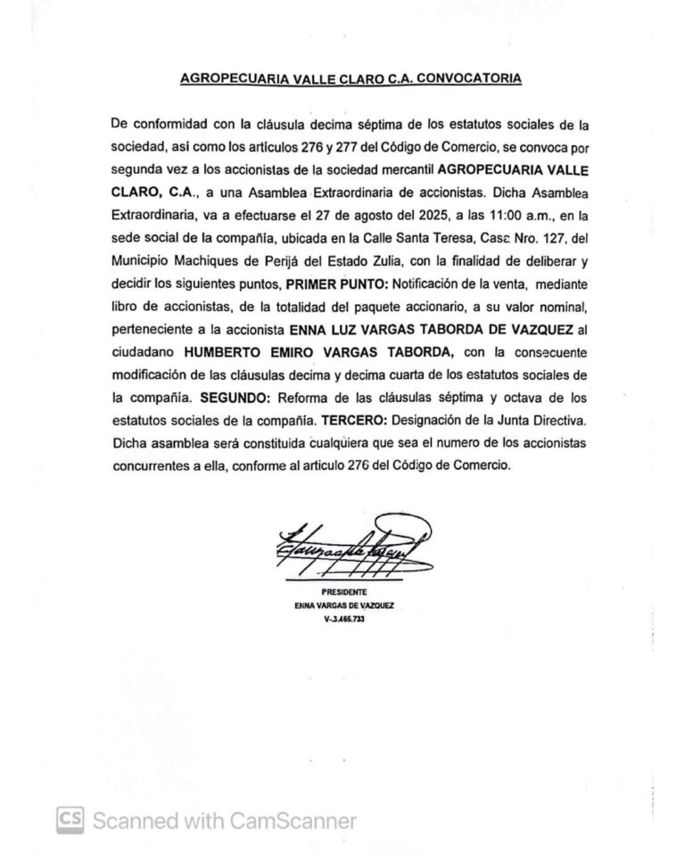 Segunda Convocatoria Asamblea Extraordinaria de Accionistas Agropecuaria Valle Claro C.A