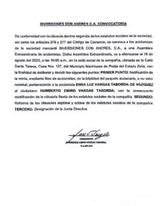 Convocatoria Asamblea Extraordinaria de Accionistas Inversiones Don Andrés C.A