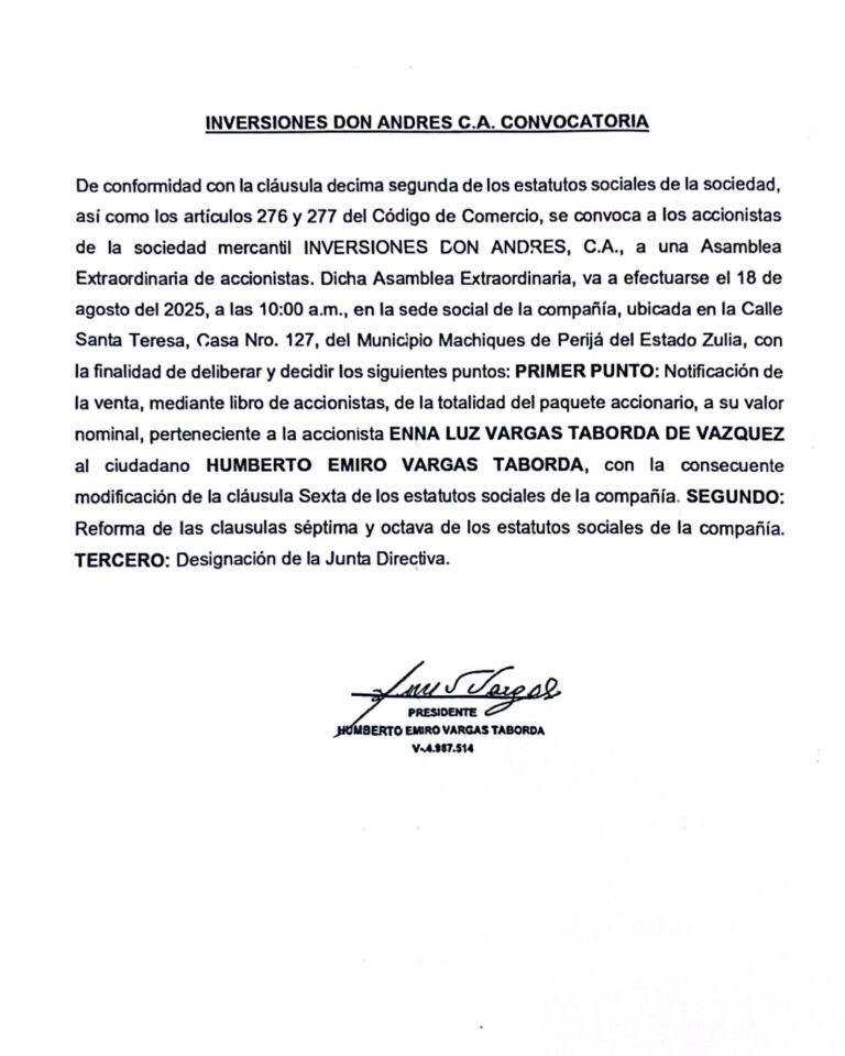 Convocatoria Asamblea Extraordinaria de Accionistas Inversiones Don Andrés C.A