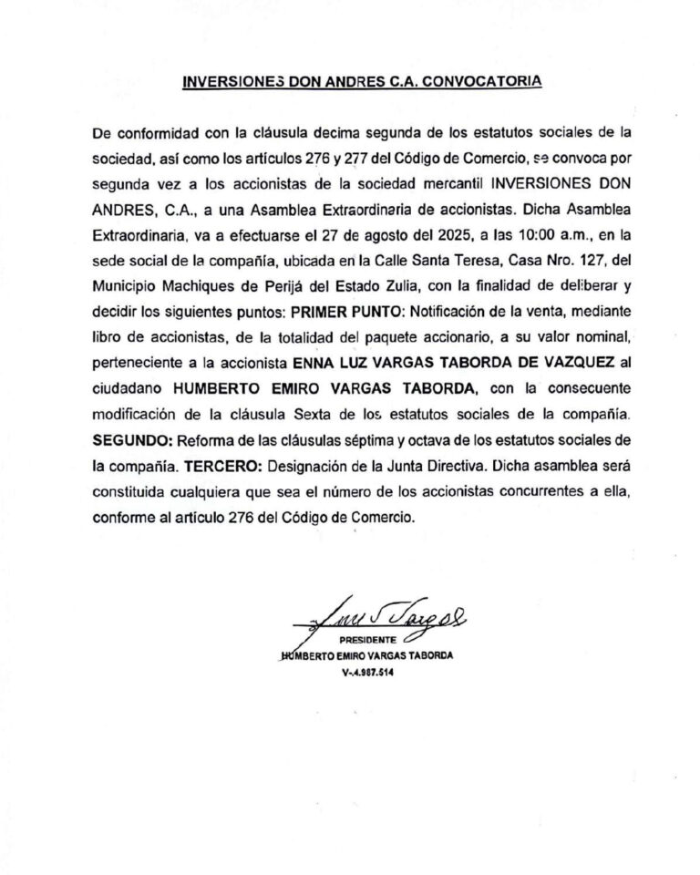 Segunda Convocatoria Asamblea Extraordinaria de Accionistas Inversiones Don Andrés C.A