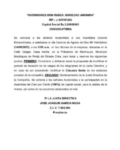 Convocatoria Asamblea Extraordinaria de Accionistas Inversiones Don Rubén SA