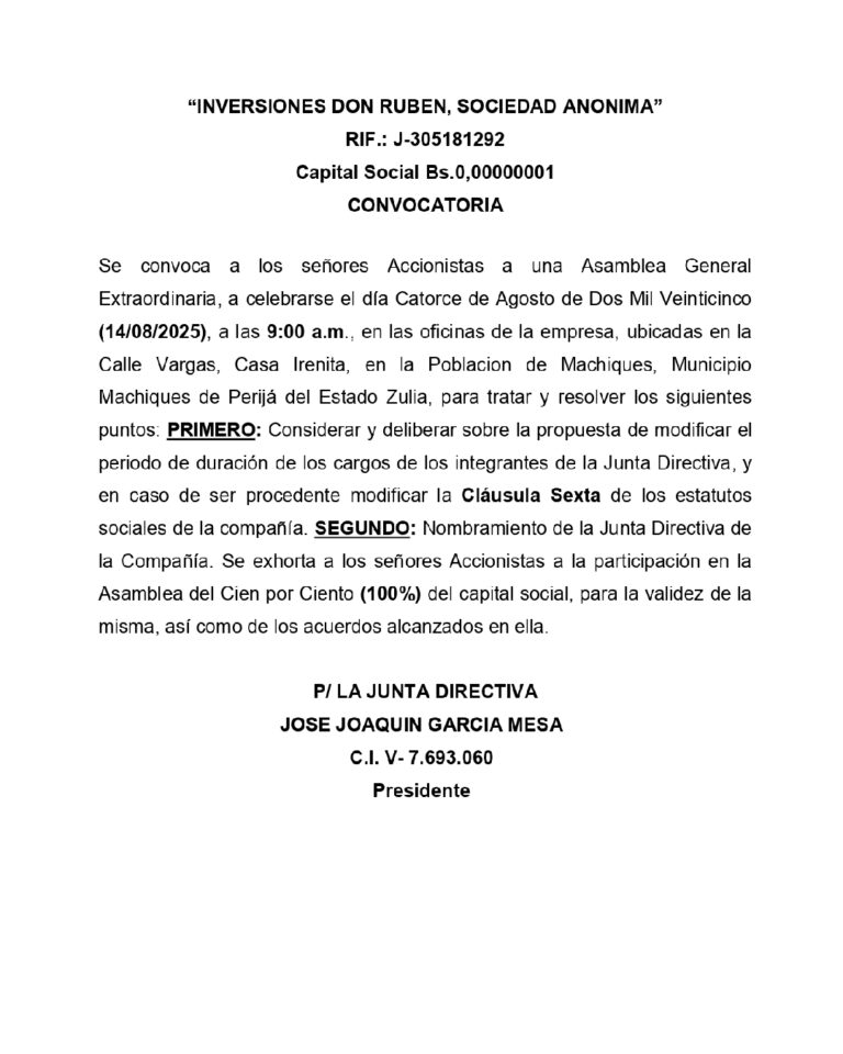 Convocatoria Asamblea Extraordinaria de Accionistas Inversiones Don Rubén SA