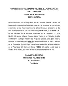 Convocatoria Asamblea General Extraordinaria Inversiones y Transporte Velazco C.A (INTRAVELCA)