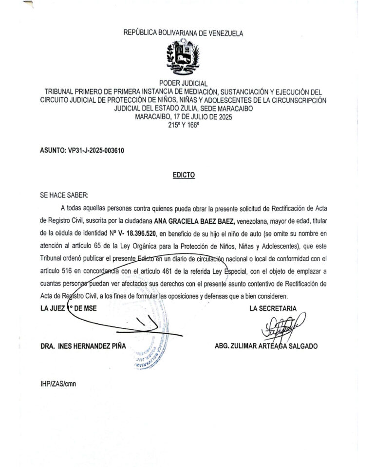 Edicto Asunto Nro VP31-J-2025-003610