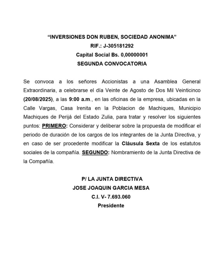 Segunda Convocatoria Inversiones Don Rubén S.A