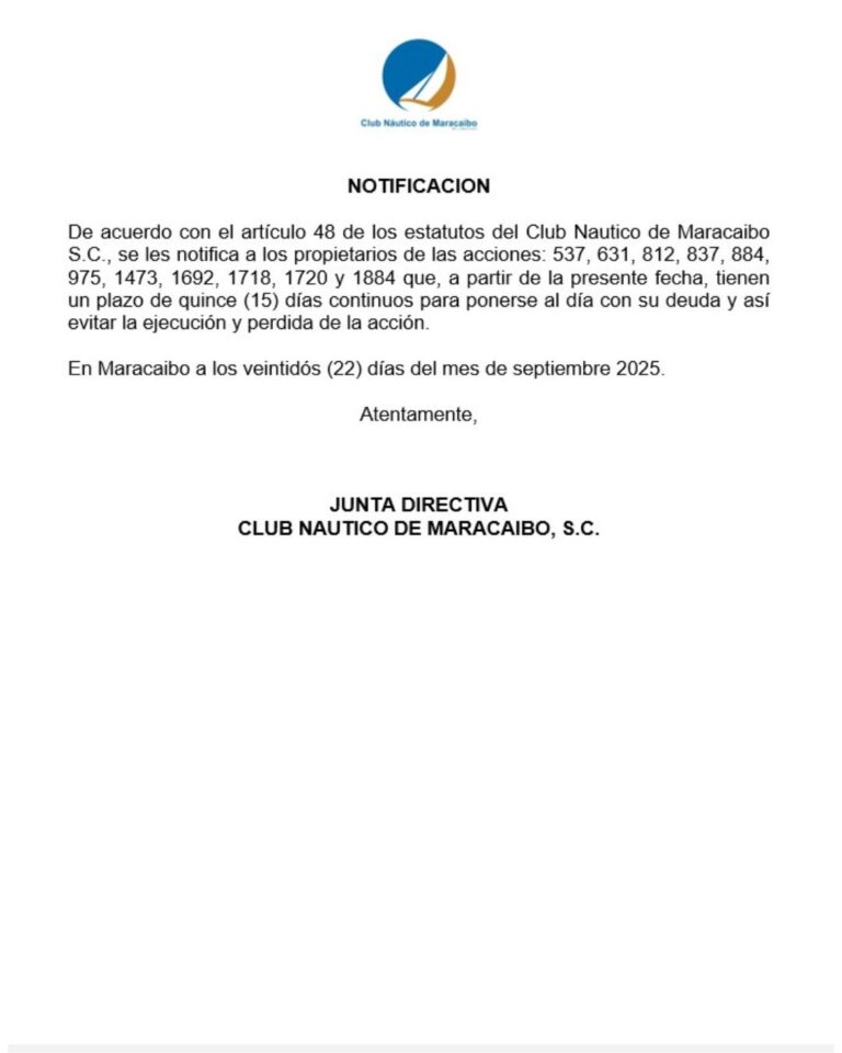 Cartel de Notificación Club Náutico de Maracaibo