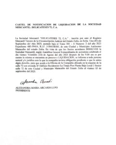 Cartel de Notificación Liquidación de la Sociedad Mercantil Delicateses, 72 C.A