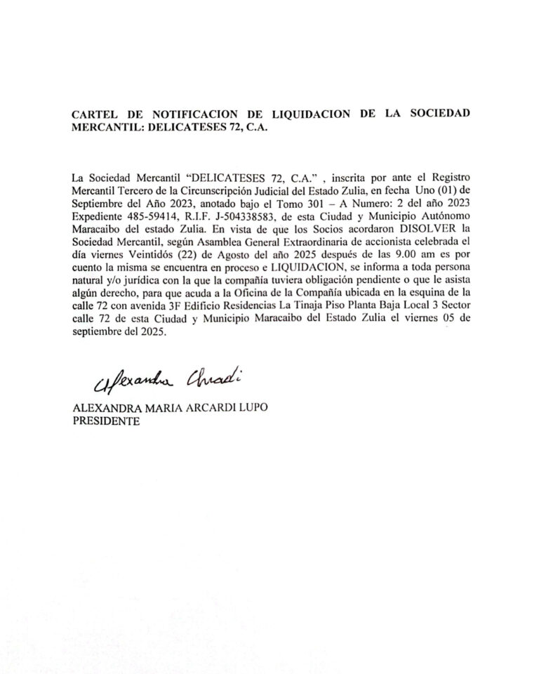 Cartel de Notificación Liquidación de la Sociedad Mercantil Delicateses, 72 C.A