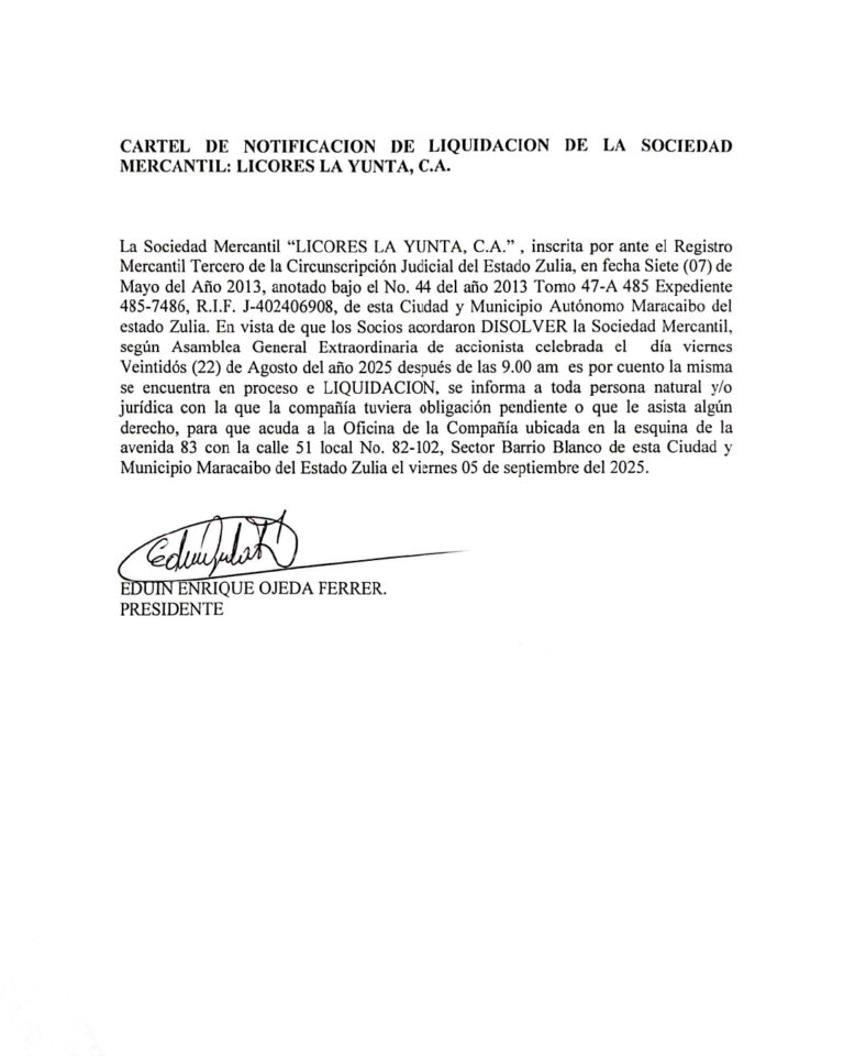 Cartel de Notificación Liquidación de la Sociedad Mercantil Licores La Yunta C.A