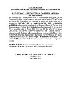Convocatoria Asamblea Extraordinaria de Accionistas Repuestos y Lubricantes RM, C.A