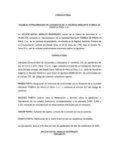 Convocatoria Asamblea Extraordinaria de Accionistas Sociedad Mercantil Fabrica de Hielo LA FOCA C.A