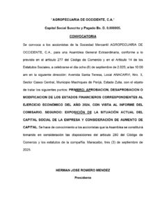 Convocatoria Asamblea General Extraordinaria Agropecuaria de Occidente C.A