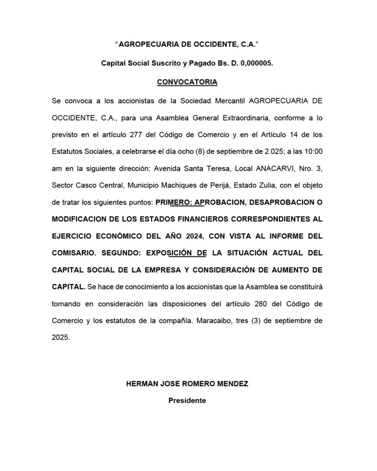 Convocatoria Asamblea General Extraordinaria Agropecuaria de Occidente C.A
