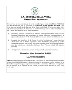 Convocatoria Asamblea General Extraordinaria S.A Escuela Bella Vista