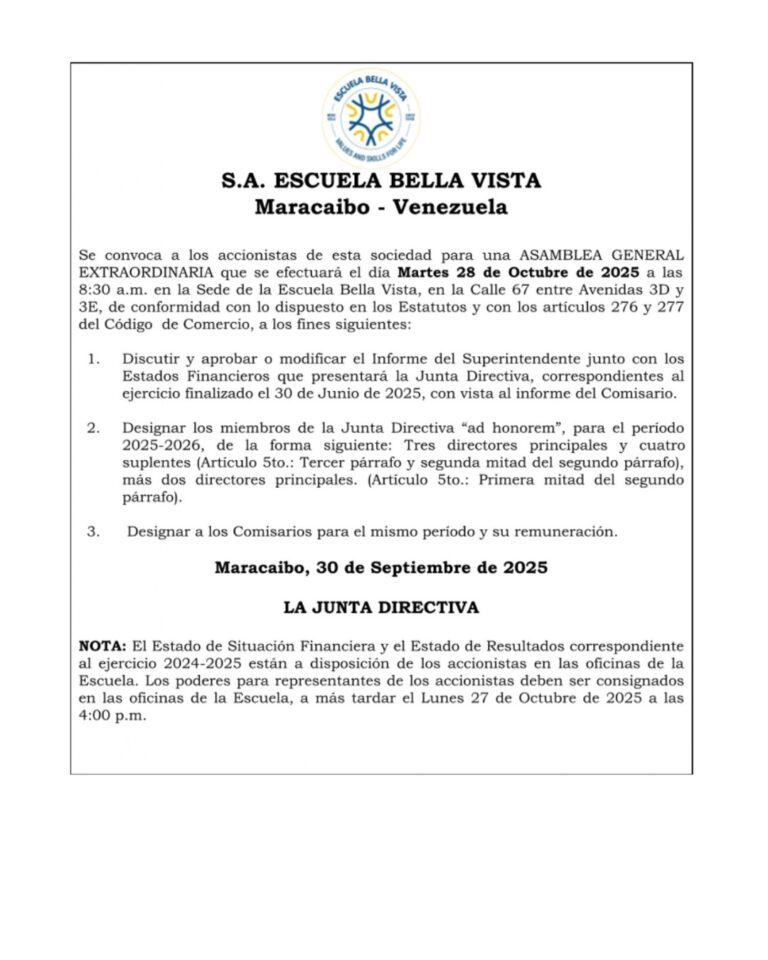 Convocatoria Asamblea General Extraordinaria S.A Escuela Bella Vista