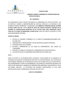 Convocatoria Asamblea Ordinaria de Propietarios Edificio Puntazul