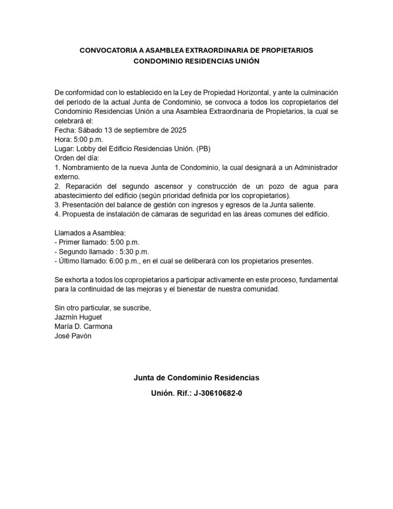 Convocatoria  Asamblea Extraordinaria de Propietarios Condominio Residencias Unión