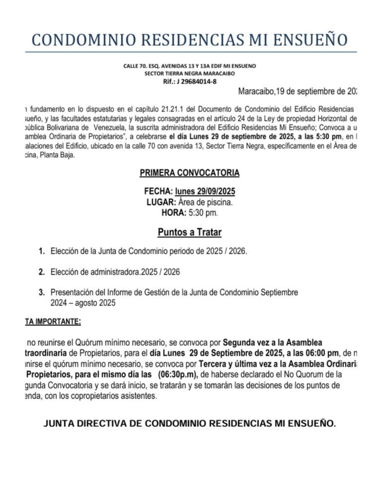 Primera Convocatoria Condominio Residencias Mi Ensueño