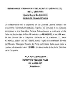 Segunda Convocatoria Asamblea General Extraordinaria Inversiones y Transporte Velazco C.A (INTRAVELCA)