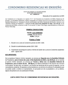 Primera Convocatoria Condominio Residencias Mi Ensueño
