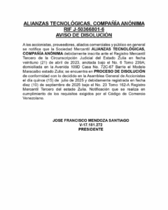 Aviso de Disolución Alianzas Tecnológicas C.A