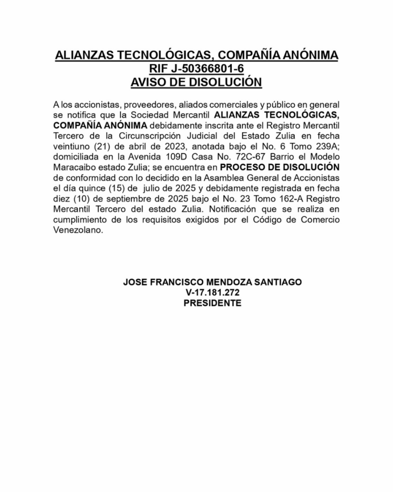 Aviso de Disolución Alianzas Tecnológicas C.A