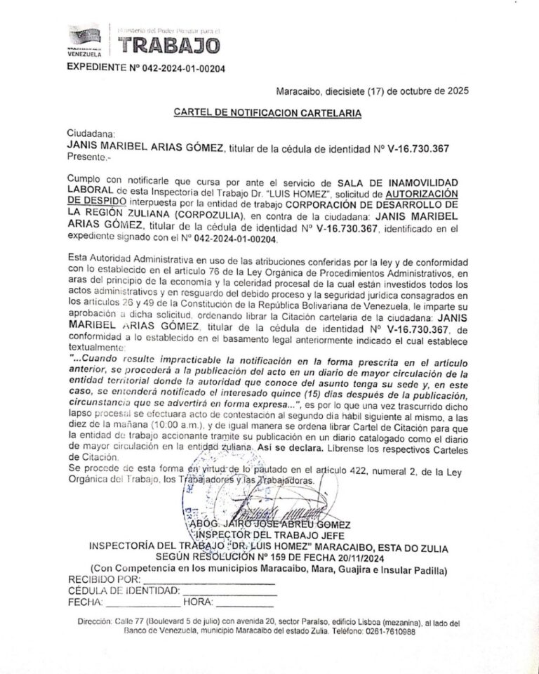 Cartel de Notificación Cartelaria Expediente N° 042-2024-01-00204