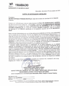 Cartel de Notificación Cartelaria Expediente N° 042-2025-01-00357