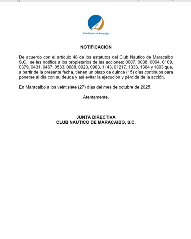 Cartel de Notificación Propietarios Accionistas Club Náutico de Maracaibo