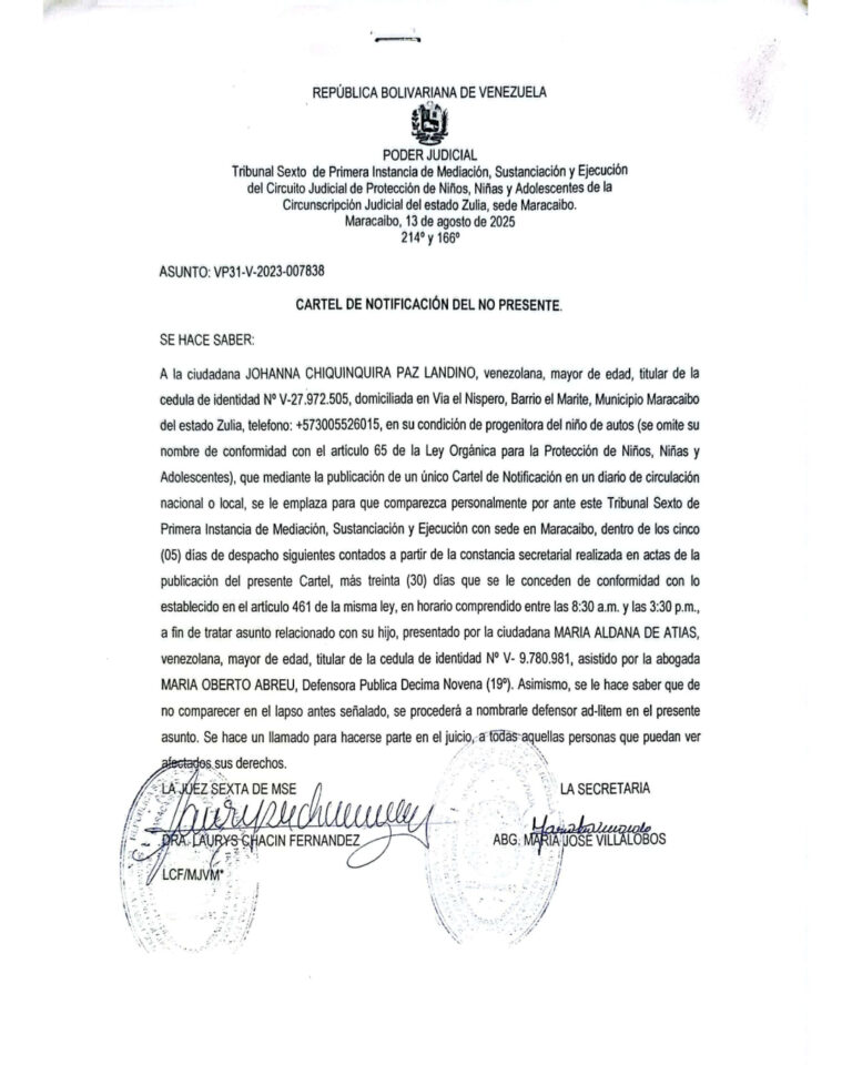 Cartel de Notificación del NO Presente Asunto VP31-V-2023-007838