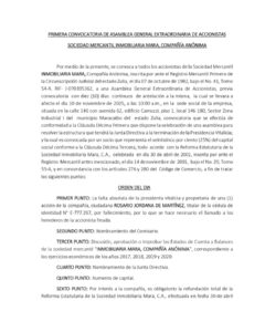 Primera Convocatoria Asamblea Extraordinaria de Accionistas Sociedad Mercantil Inmobiliaria Mara CA