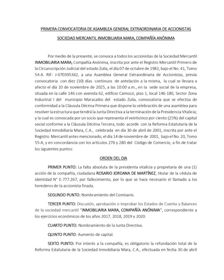 Primera Convocatoria Asamblea Extraordinaria de Accionistas Sociedad Mercantil Inmobiliaria Mara CA