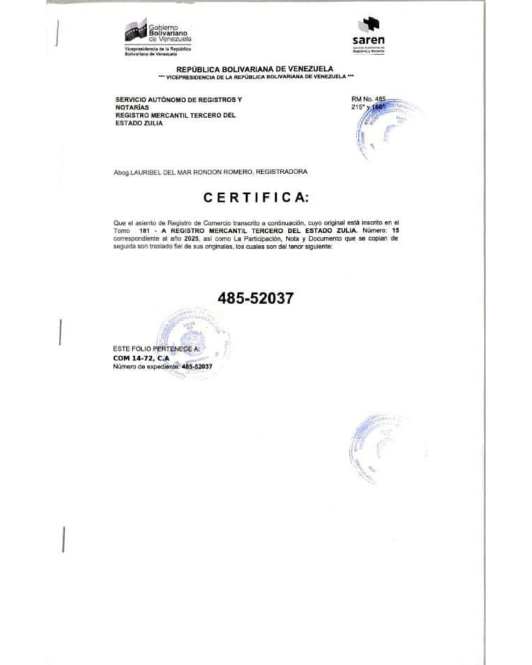 Registro Mercantil COM 14-72 C.A Expediente Nro 485-52037