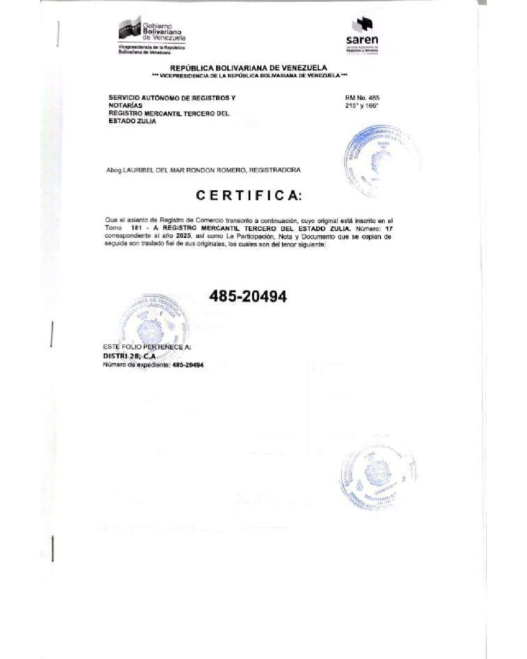 Registro Mercantil Distri 28 C.A Expediente Nro 485-20494